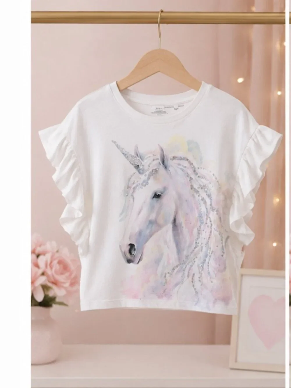 NEXT Girls Sequin Unicorn Frill Sleeve Top | Size 5